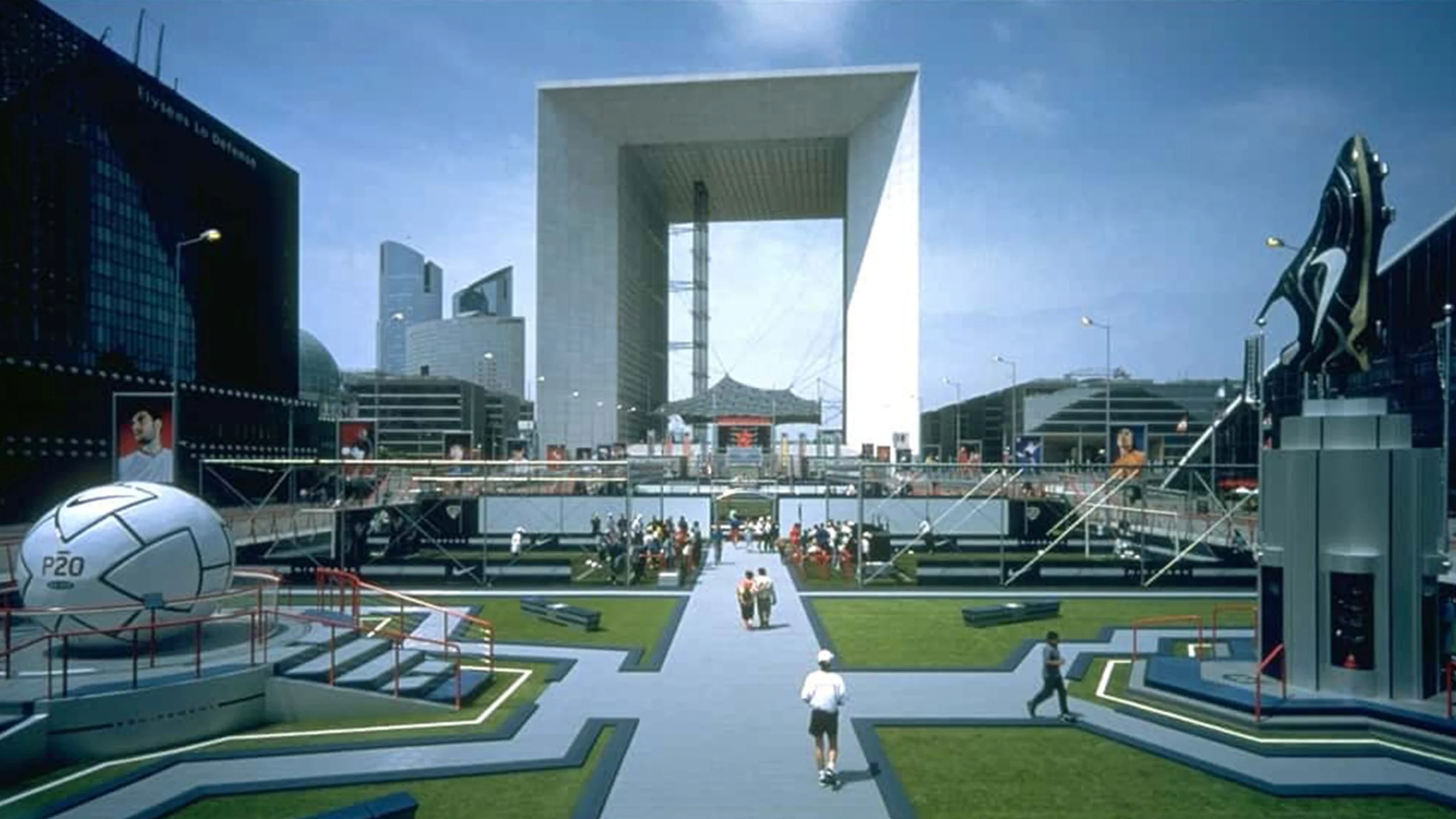 Nike Park, the 70,000-square-foot Nike installation at the Arche de la Defense during the 1998 France World Cup, with a giant Mercurial mounted on the arch