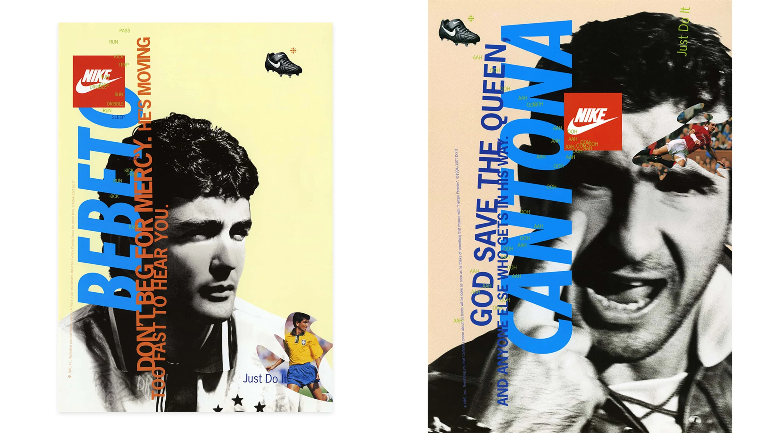 Two 1994 Nike print advertisements featuring Brazil striker Bebeto and French forward Eric Cantona