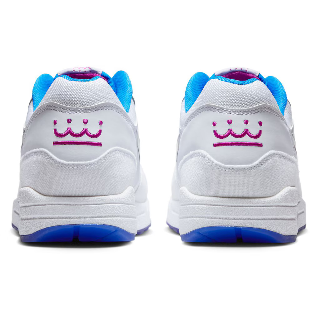 Nike 2026 Kansas City Royals City Connect Air Max 1 heel view showing the magenta KC crown logo and royal blue translucent sole