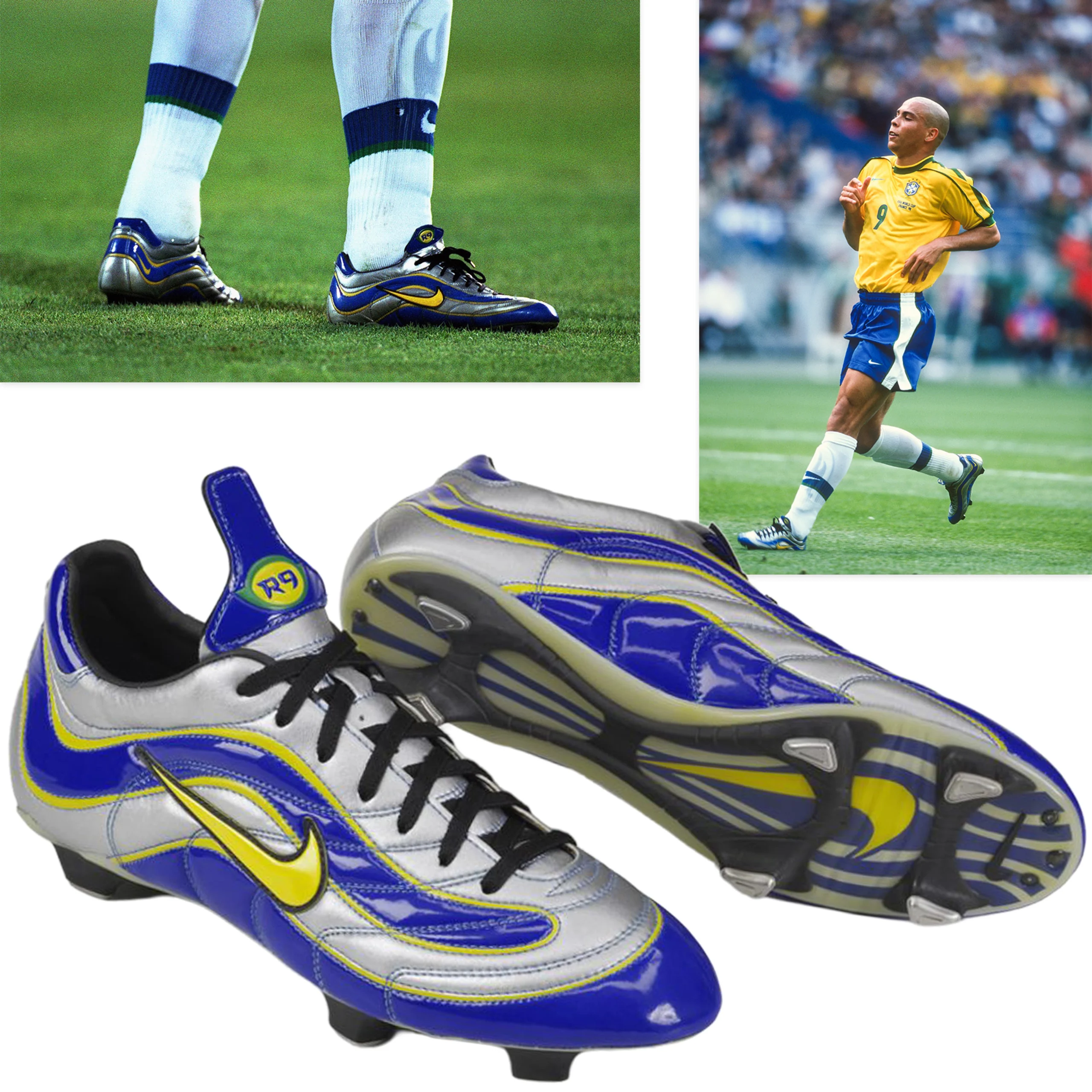 Ronaldo playing in the original blue, yellow and chrome Nike Mercurial boots at the 1998 World Cup