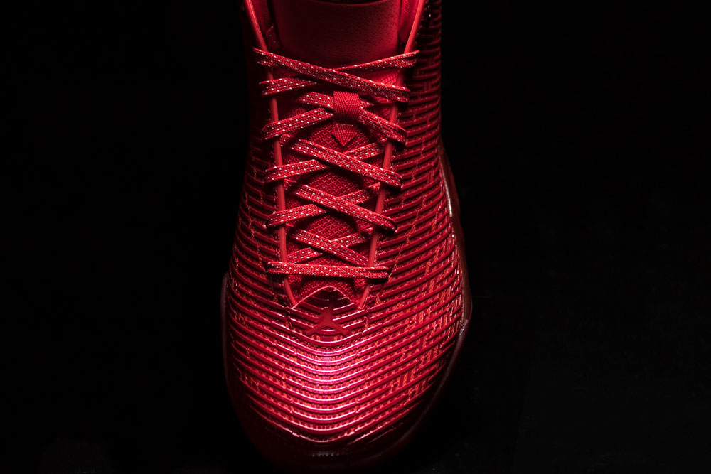Air Jordan 41 Ruby toe down view showing the nano print rows and a Jumpman at the lace line