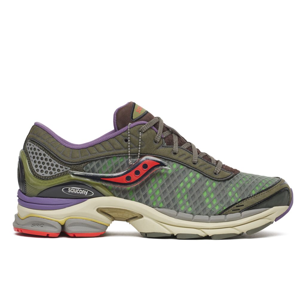 a-Feeling x Saucony ProGrid Paramount Science of WOW in olive, grey and purple with a red Saucony logo and green mesh underlay