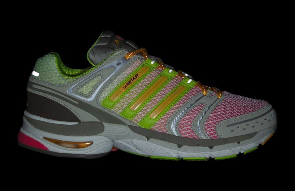 Larry June x adidas Adistar Control 5 in green, red and beige with reflective overlays, style KZ7294