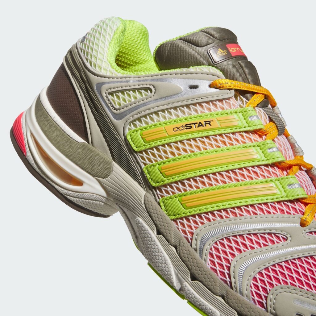 Larry June x adidas Adistar Control 5 outsole with neon green, yellow and orange