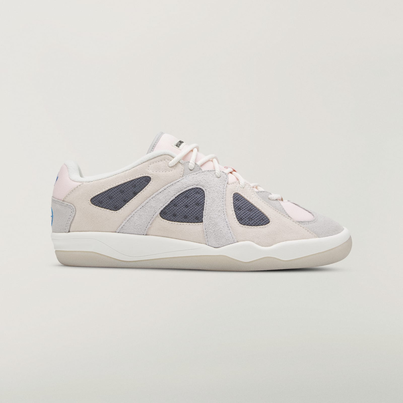 adidas BadBo 1.1 Chalk White lateral profile showing the low collar and charcoal mesh windows