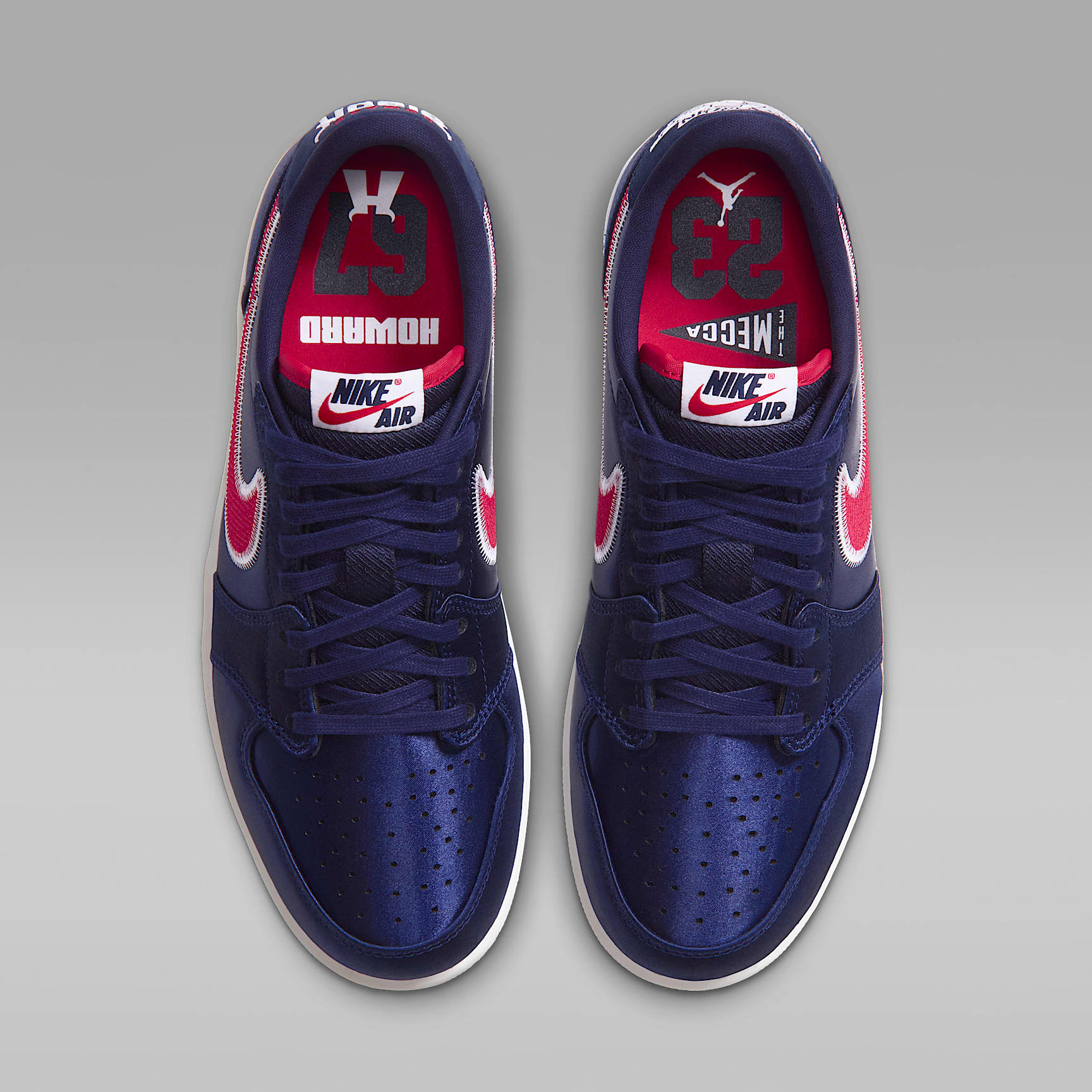 Air Jordan 1 Low OG Howard seen from above with red and white Bison tongue labels