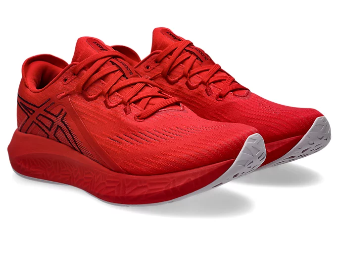 ASICS Bloomstride women’s running shoe in Speed Red and Beniimo Purple showing the woven upper construction