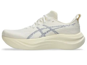 ASICS Nimbus Mirai 2 in Cream and Calm Indigo with an engineered knit upper and FF BLAST MIRAI midsole