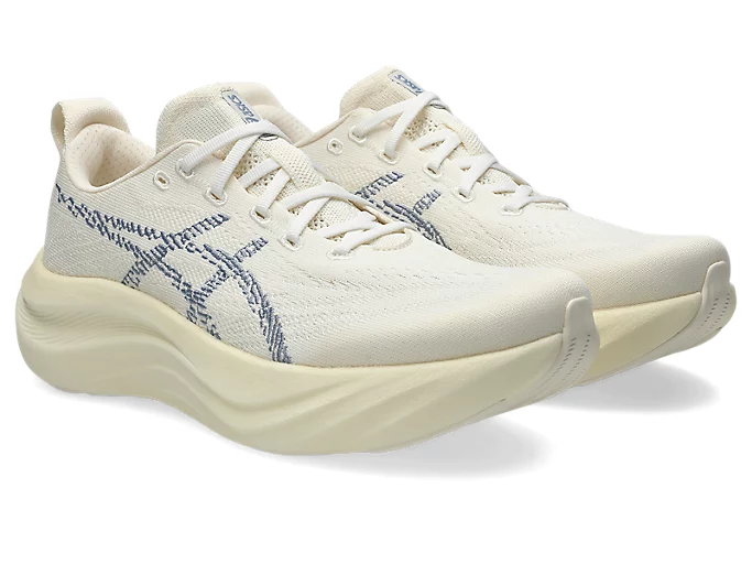 ASICS Nimbus Mirai 2 Cream and Calm Indigo showing the single-material engineered knit upper
