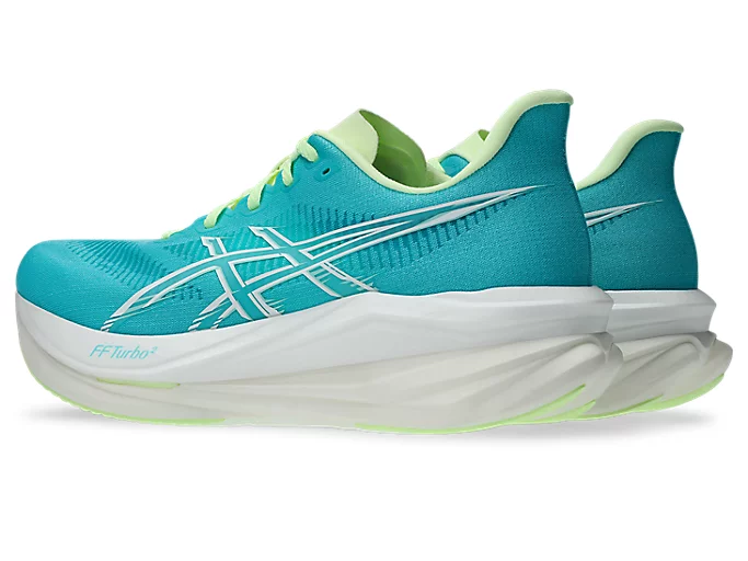 ASICS Sonicblast 2 in Energy Aqua and Illuminate Yellow showing the FF TURBO SQUARED and FF BLAST MAX midsole stack