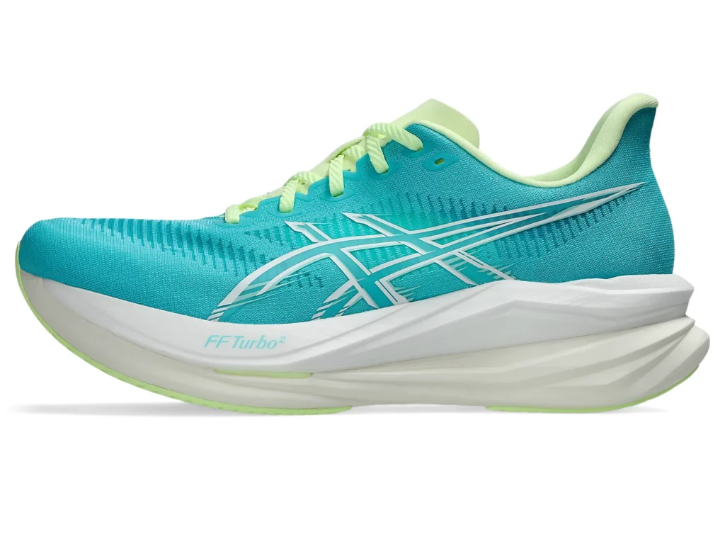 ASICS Sonicblast 2 in Energy Aqua and Illuminate Yellow with a forked ASTROPLATE and dual-foam midsole