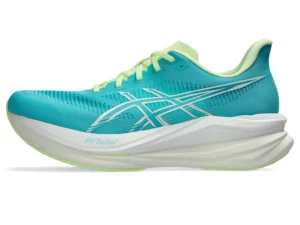 ASICS Sonicblast 2 in Energy Aqua and Illuminate Yellow with a forked ASTROPLATE and dual-foam midsole