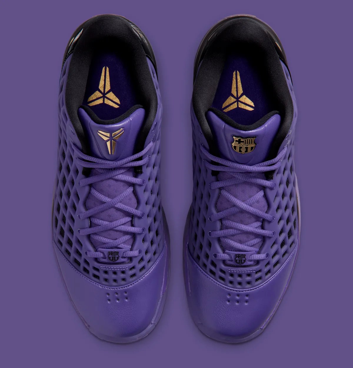 Translucent purple outsole and gold heel Swoosh on the FC Barcelona Nike Kobe 3 Low Protro, IO6257-001
