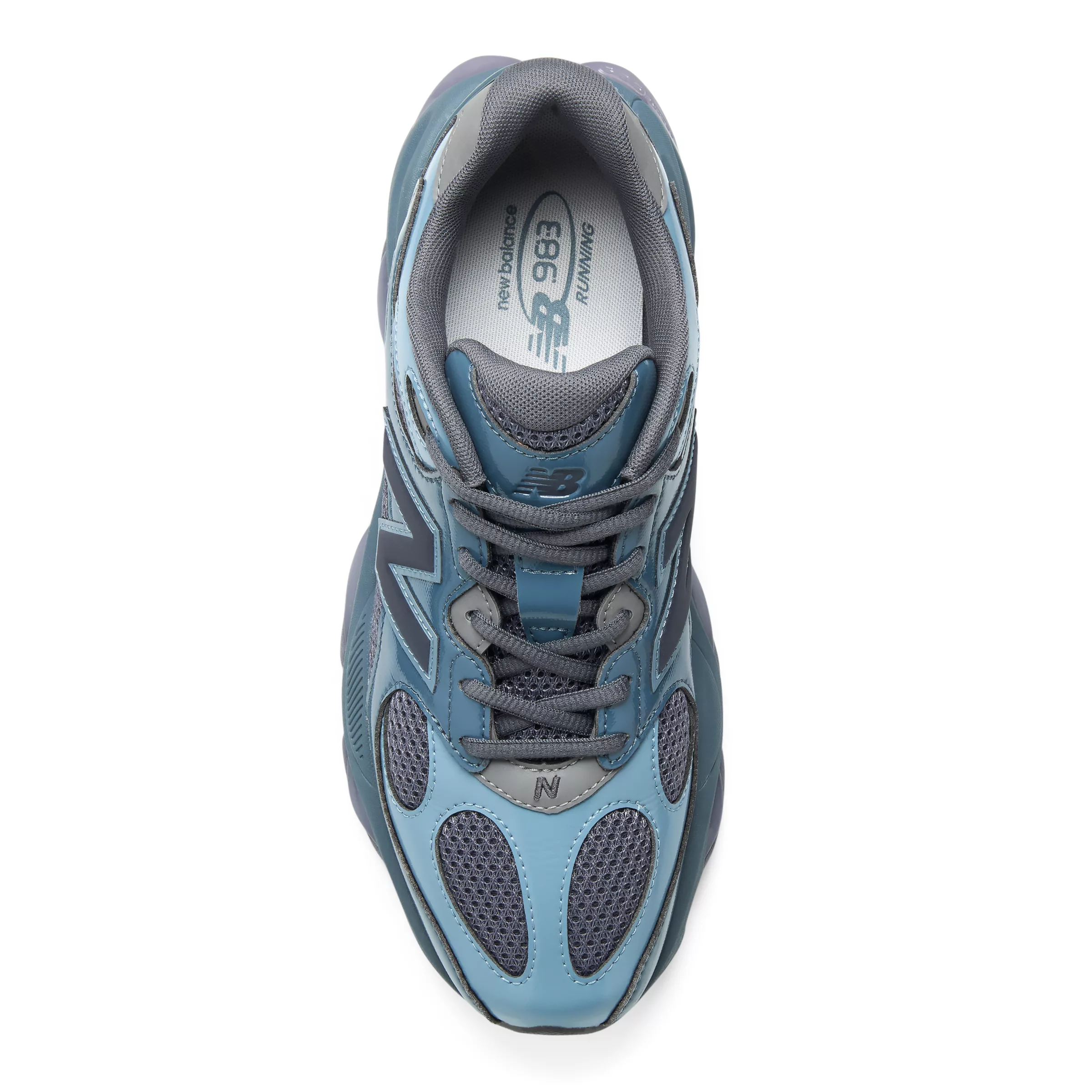 New Balance 983 pair in Shadow Blue with Zinc Blue with the molded N logo on the saddle