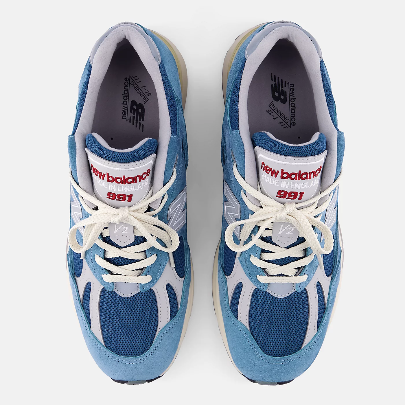 New Balance 991v2 Poseidon pair in Bluesteel and Harbor Mist