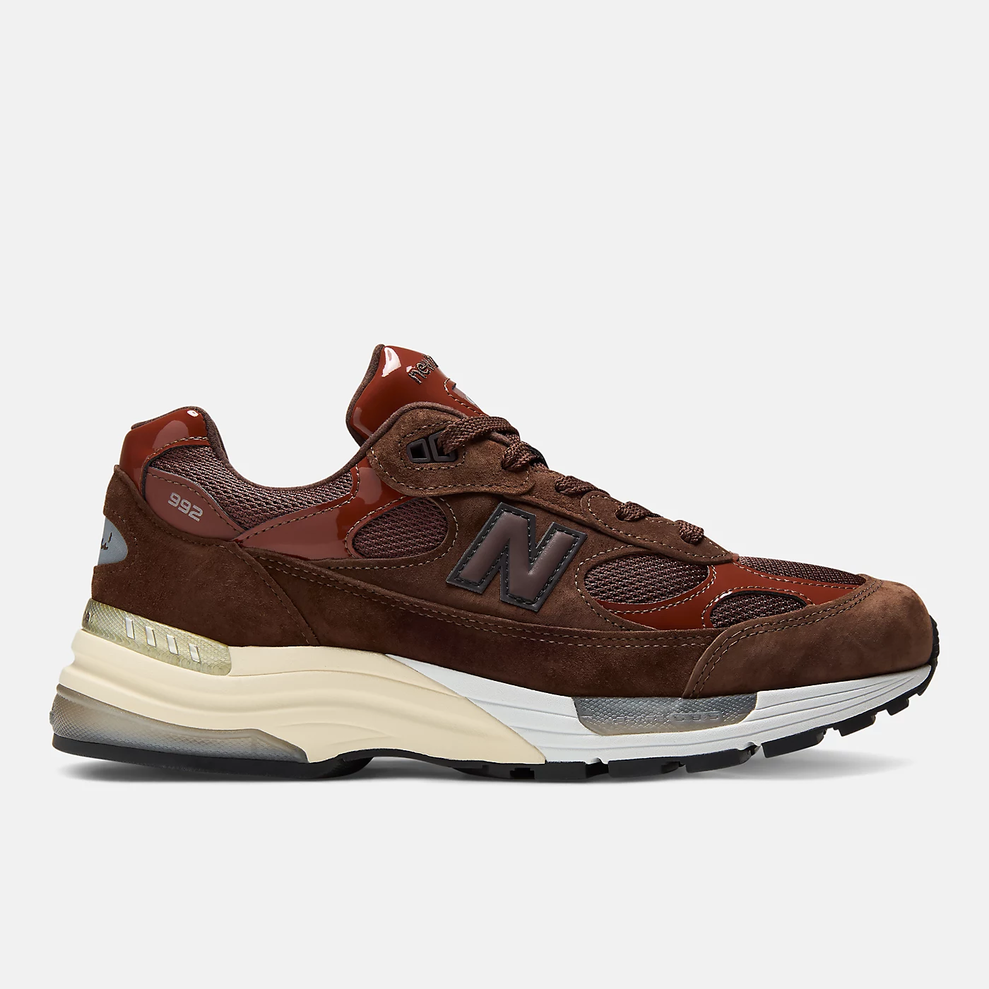 New Balance 992 Outdoor School in brown suede and maroon mesh