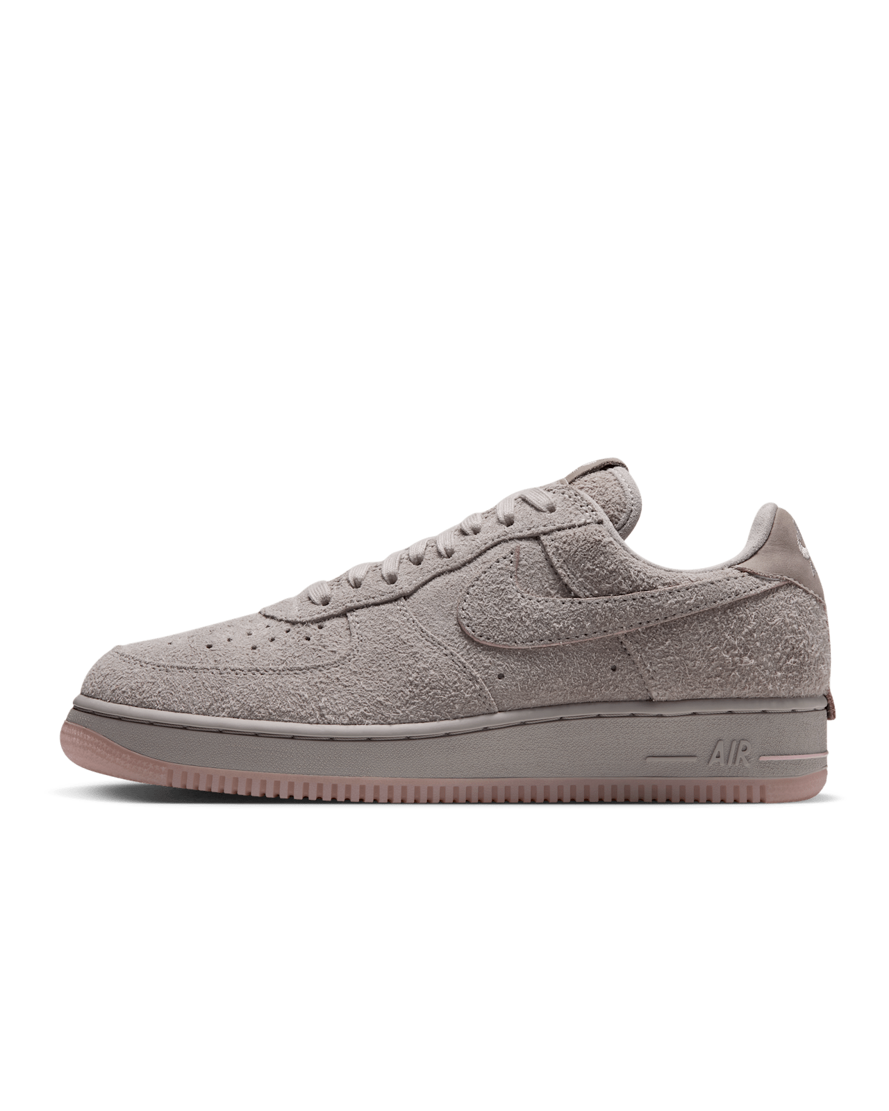 Nike Air Force 1 '01 College Grey and Pink Glaze lateral profile showing the grey hairy suede upper and pink midsole