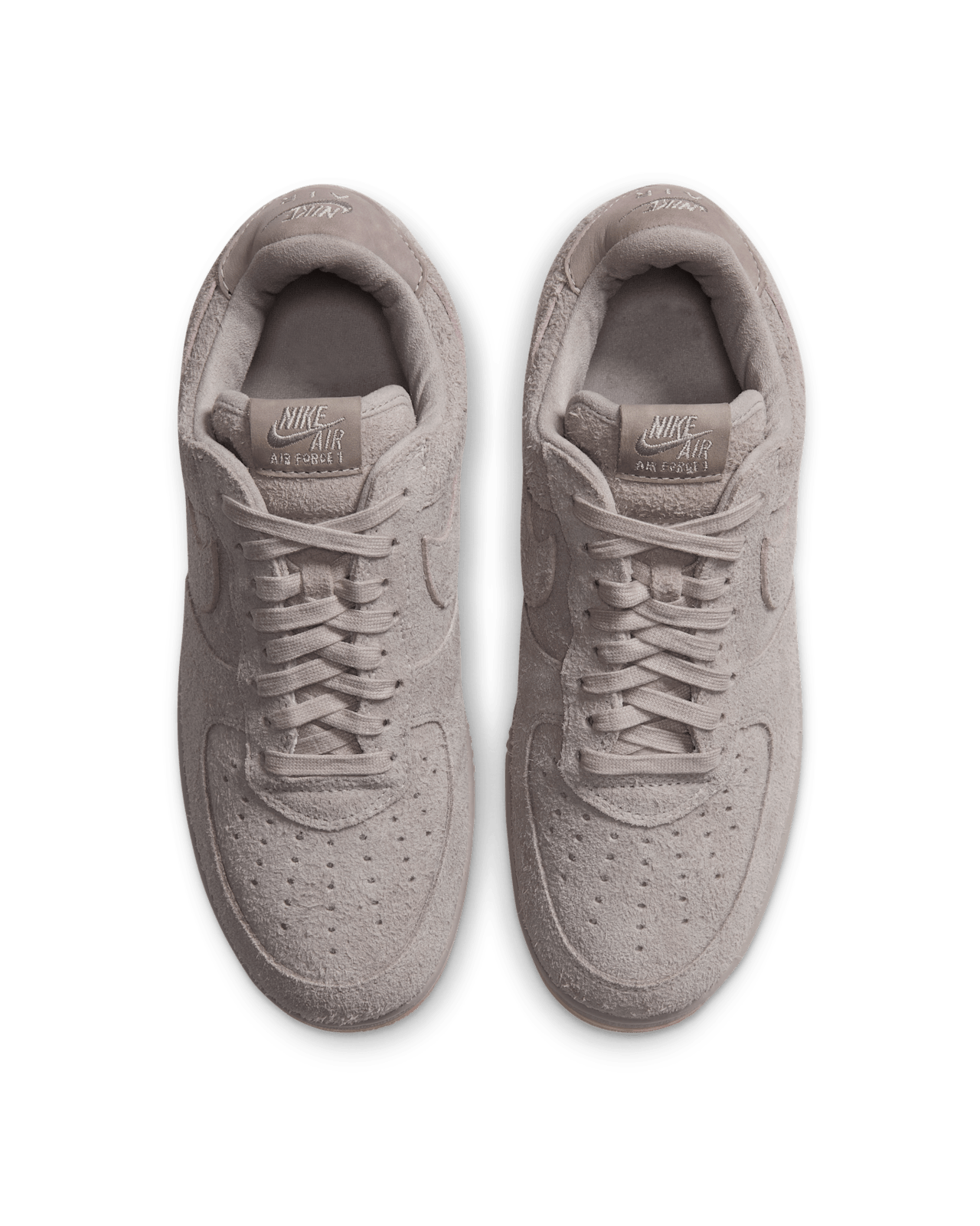 Nike Air Force 1 '01 College Grey and Pink Glaze viewed from above showing the shaggy suede texture across both shoes