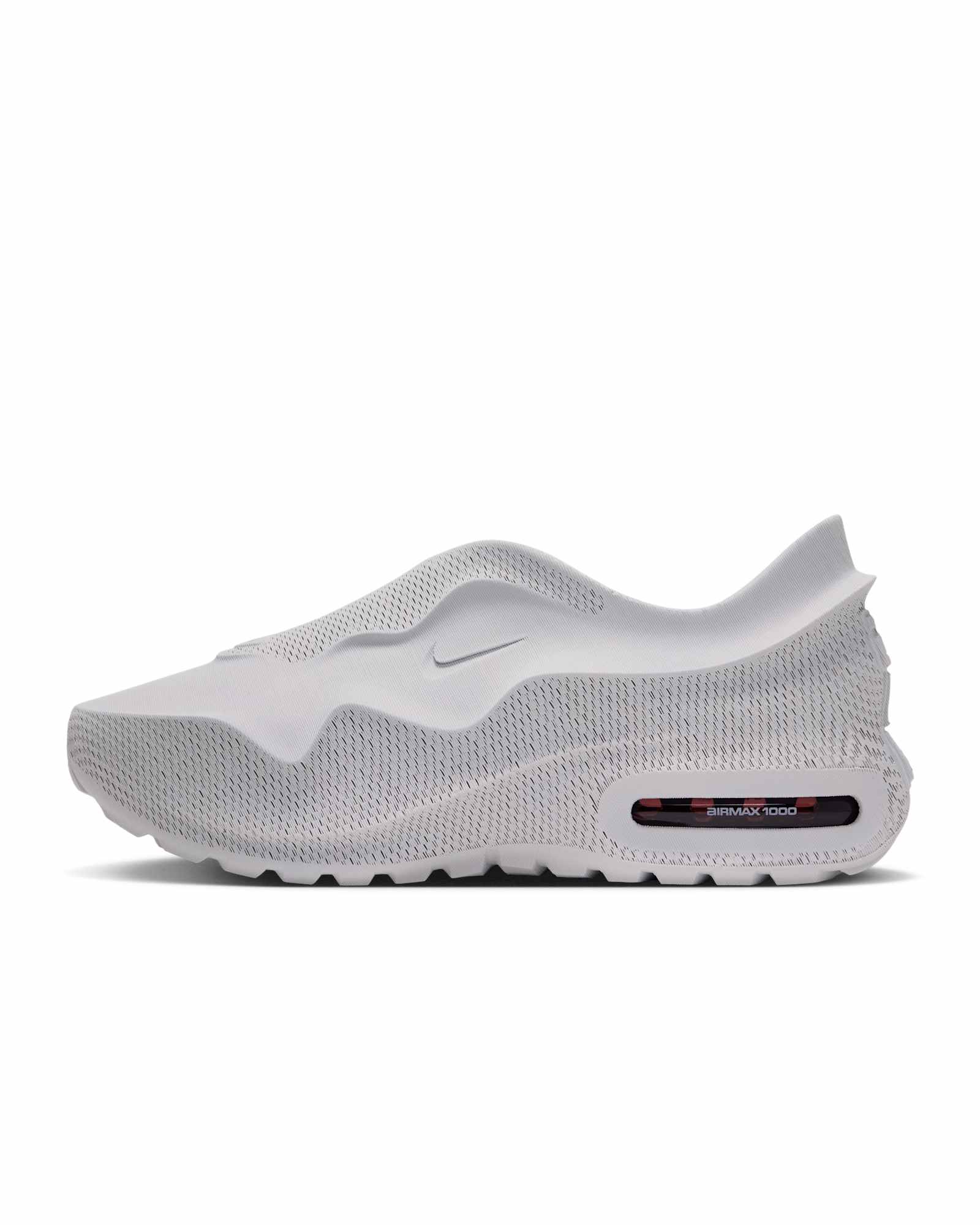 Nike Air Max 1000 lateral profile in Stone with a Burgundy Crush Air unit