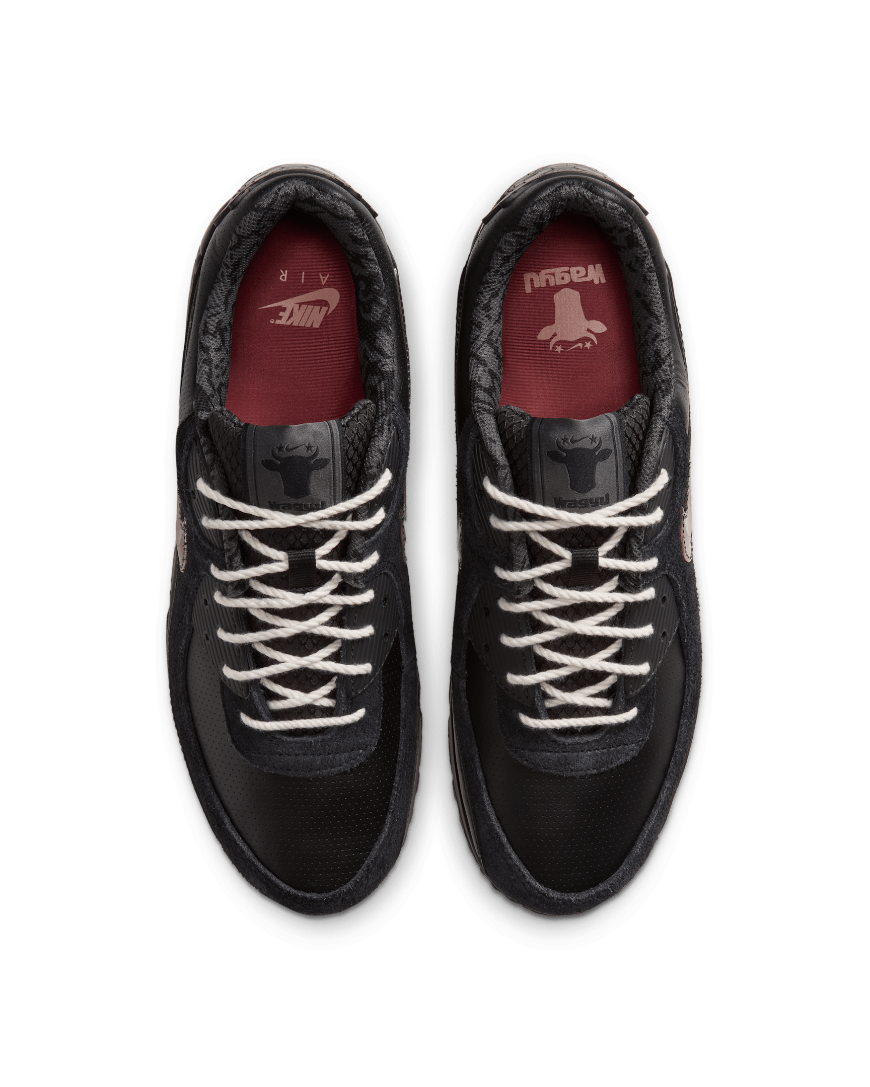 Nike Air Max 90 x Wagyu pair from above showing the deep red sockliners and cow head tongue logo