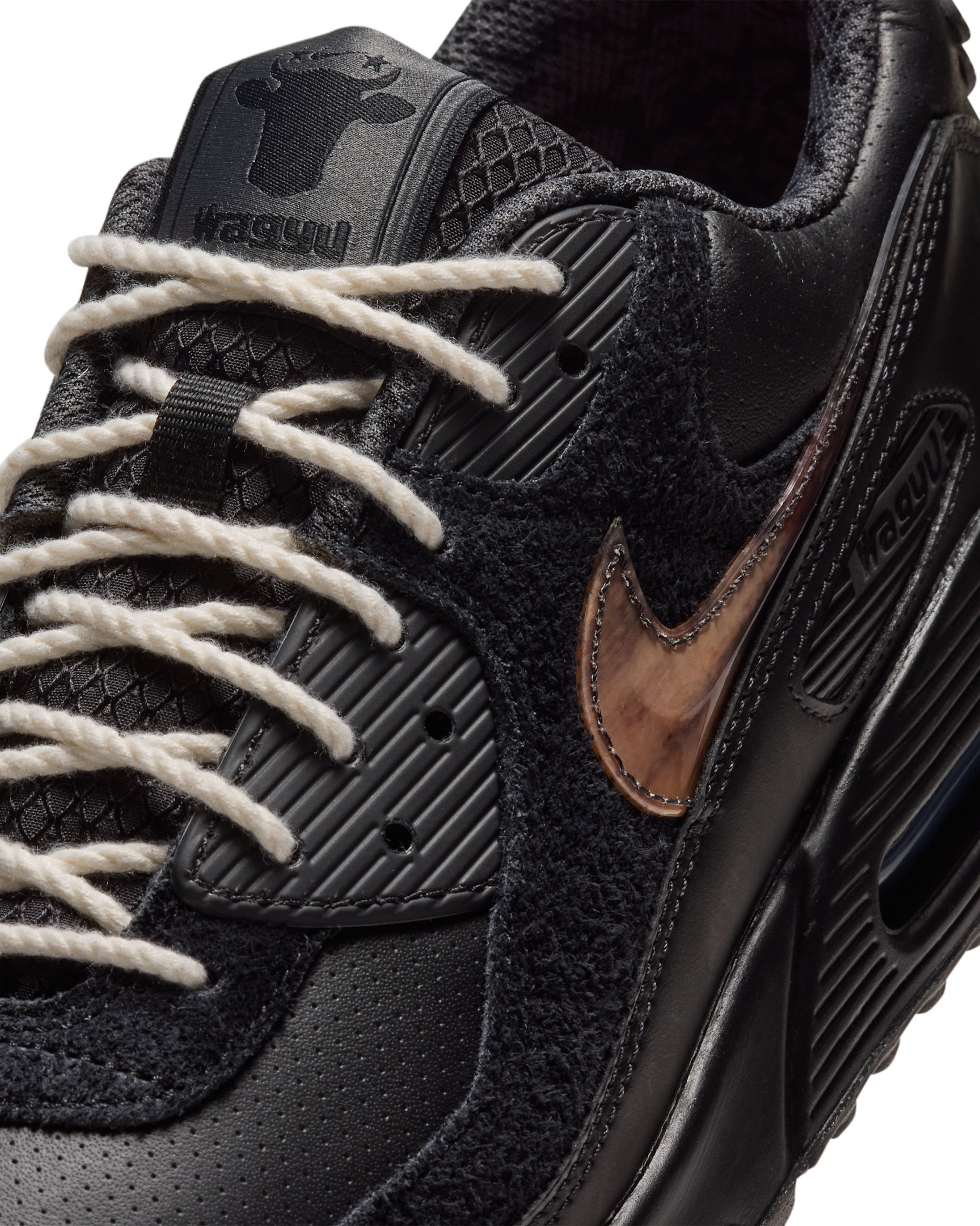 Nike Air Max 90 x Wagyu detail of the metallic bronze Swoosh, perforated leather and rope laces
