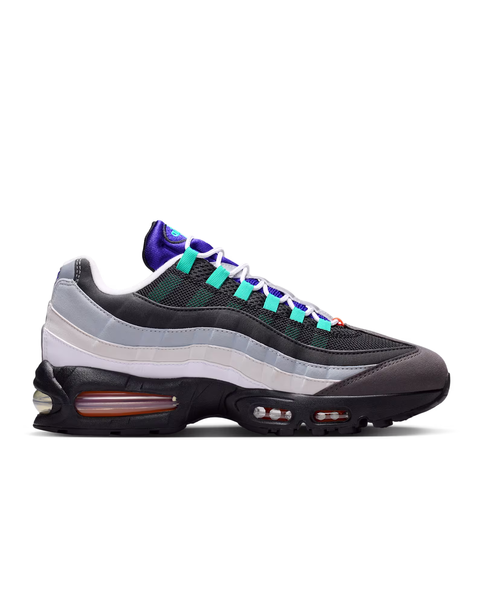 Nike Air Max 95 Big Bubble Greedy in White and Medium Ash with teal, purple and orange accents on a greyscale upper