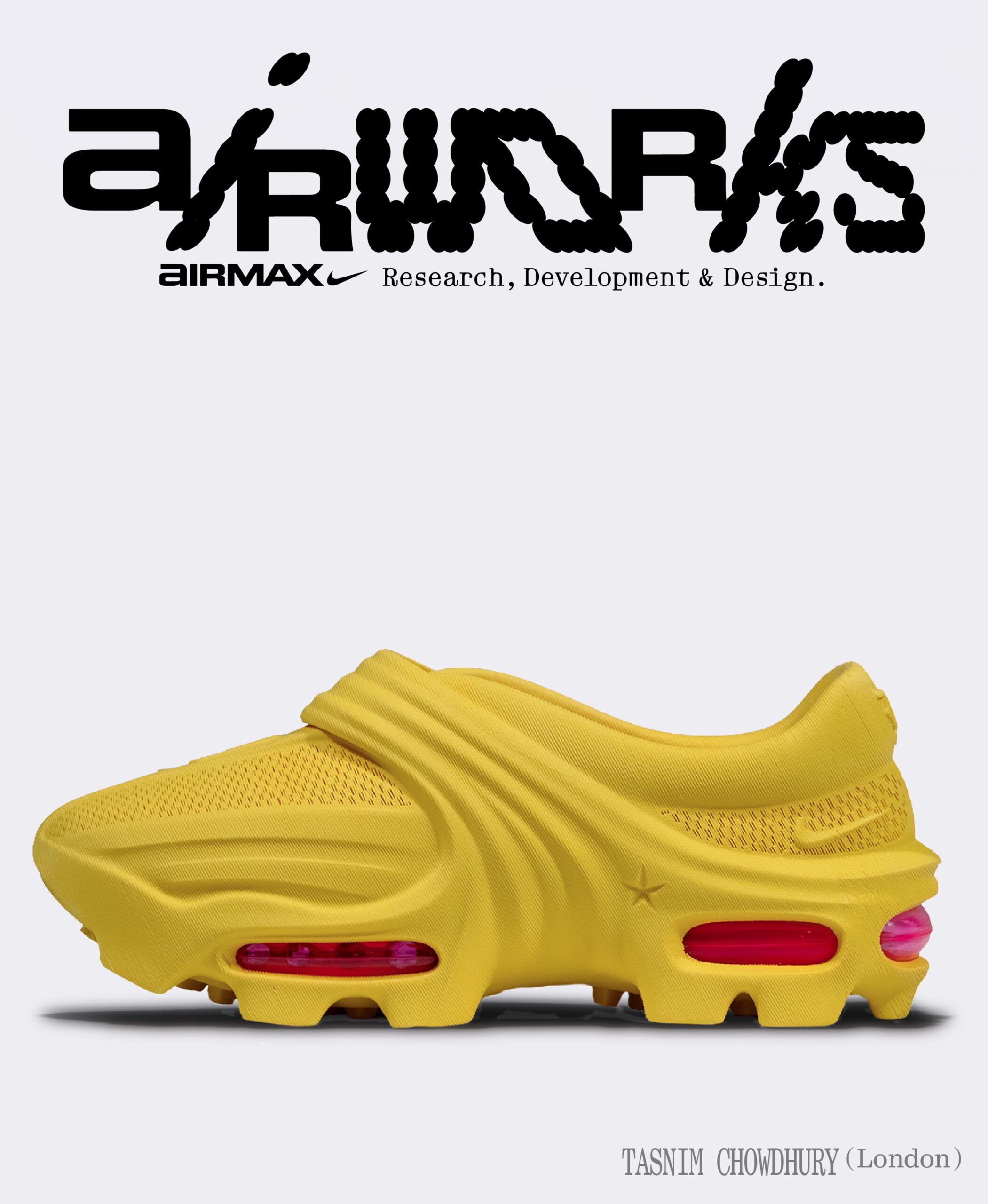 Nike Air Works Air Max by Tasnim in yellow, lateral view showing the ridged midsole and red Air detail