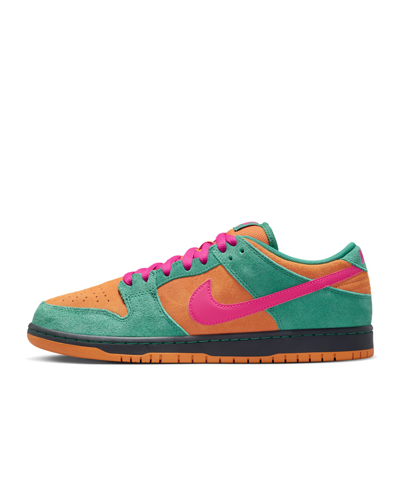 Nike SB Dunk Low Pro HQ1625-301 in Green Noise and Light Curry suede with Watermelon pink accents