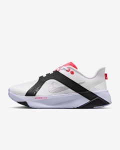 Nike Hybrid RN in White, Black, Laser Crimson and Metallic Silver showing the black midfoot strap and AIR ZOOM branding on the midsole