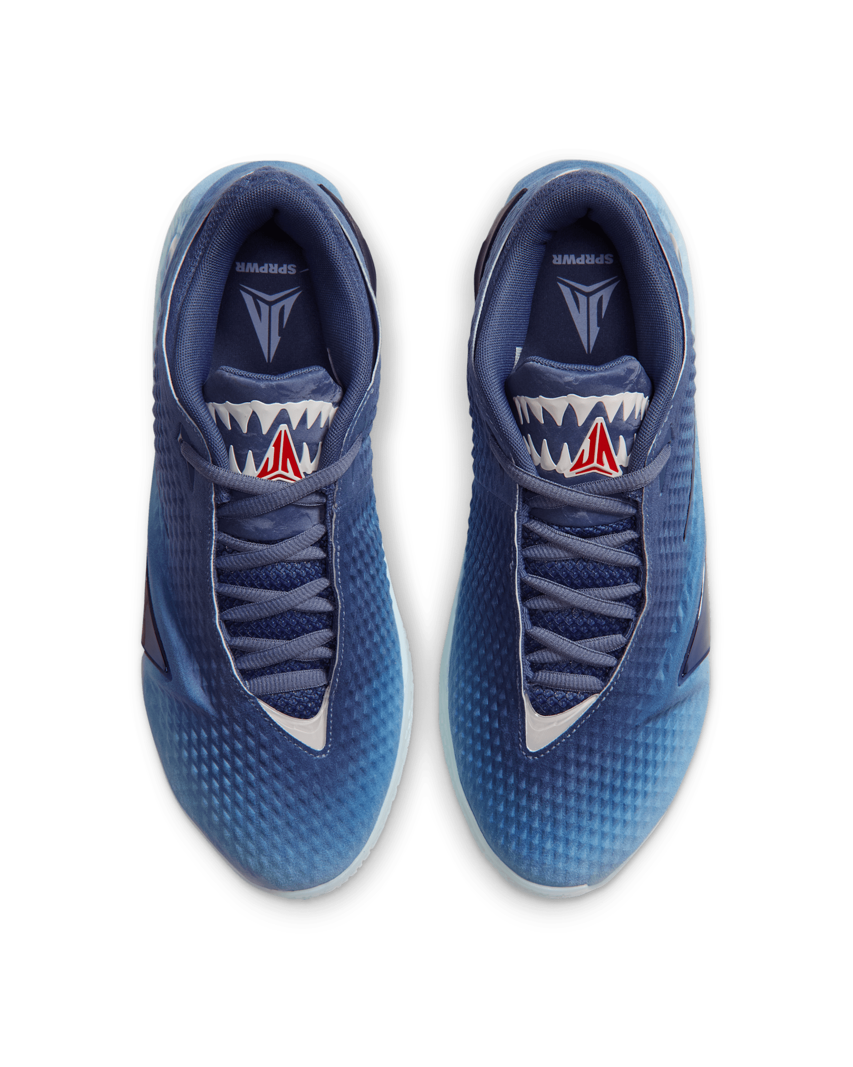 Nike Ja 4 Deep Water pair seen from above with both shark tongue graphics visible