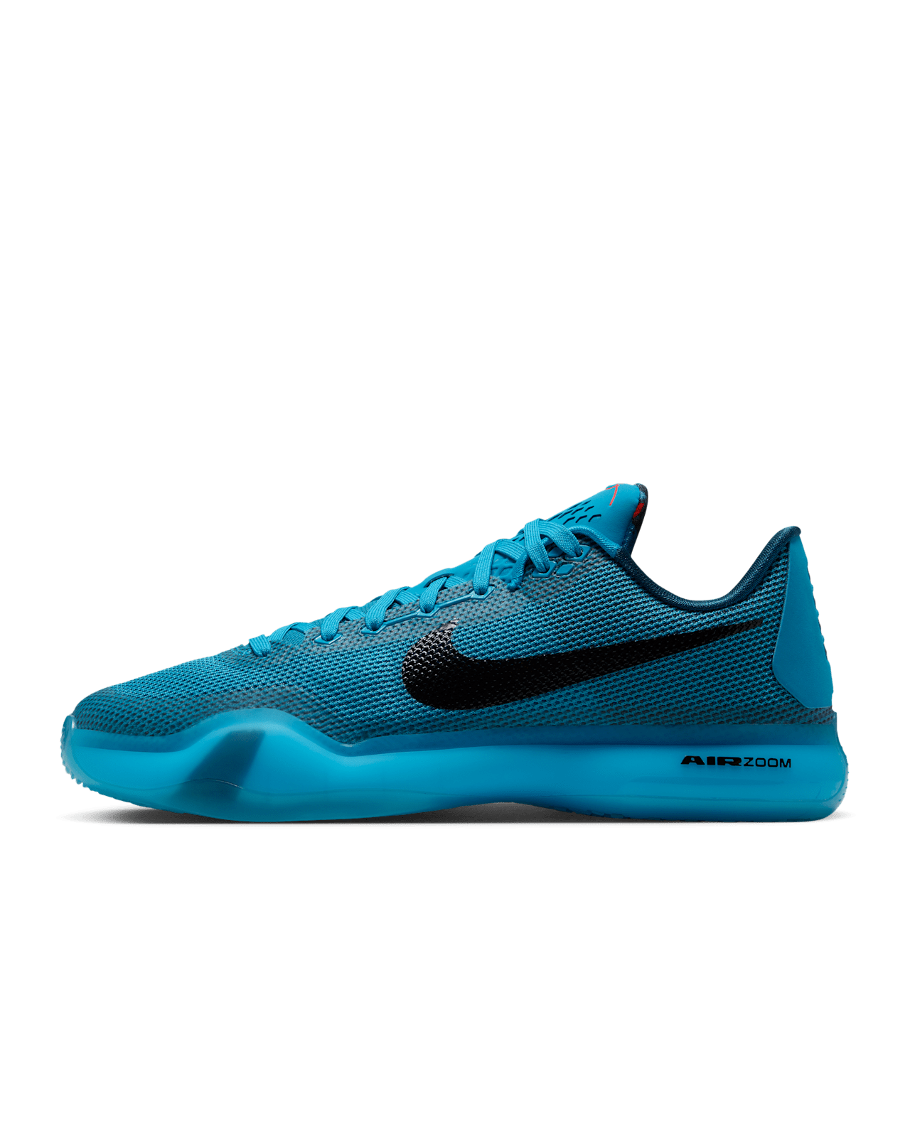 Nike Kobe 10 Protro Blue Lagoon lateral profile showing the engineered mesh upper and black Swoosh