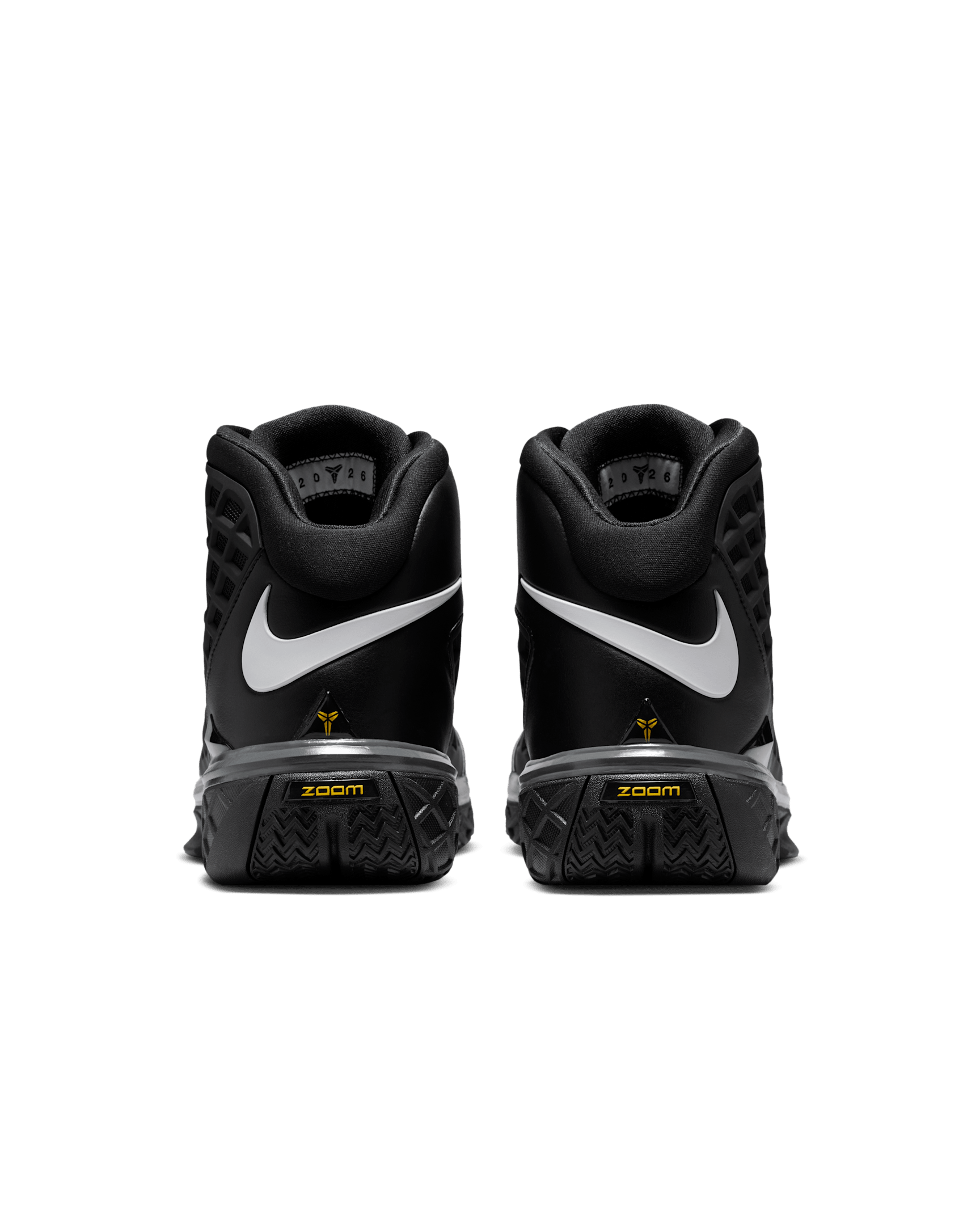 Nike Kobe 3 Protro pair from behind showing the white Swoosh wrapping the heel