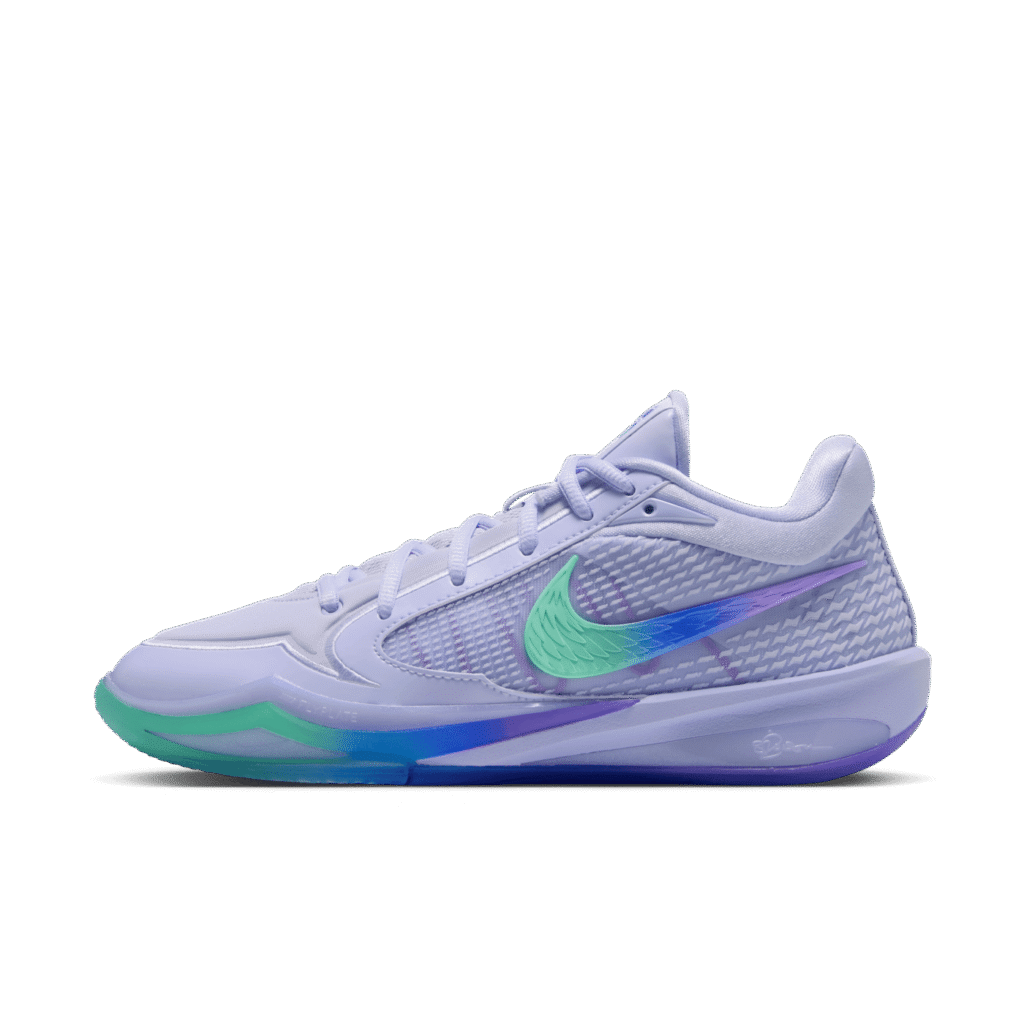 Nike Sabrina 4 Superstition lateral view in pale purple with a green and blue gradient Swoosh, style code IV5266-500