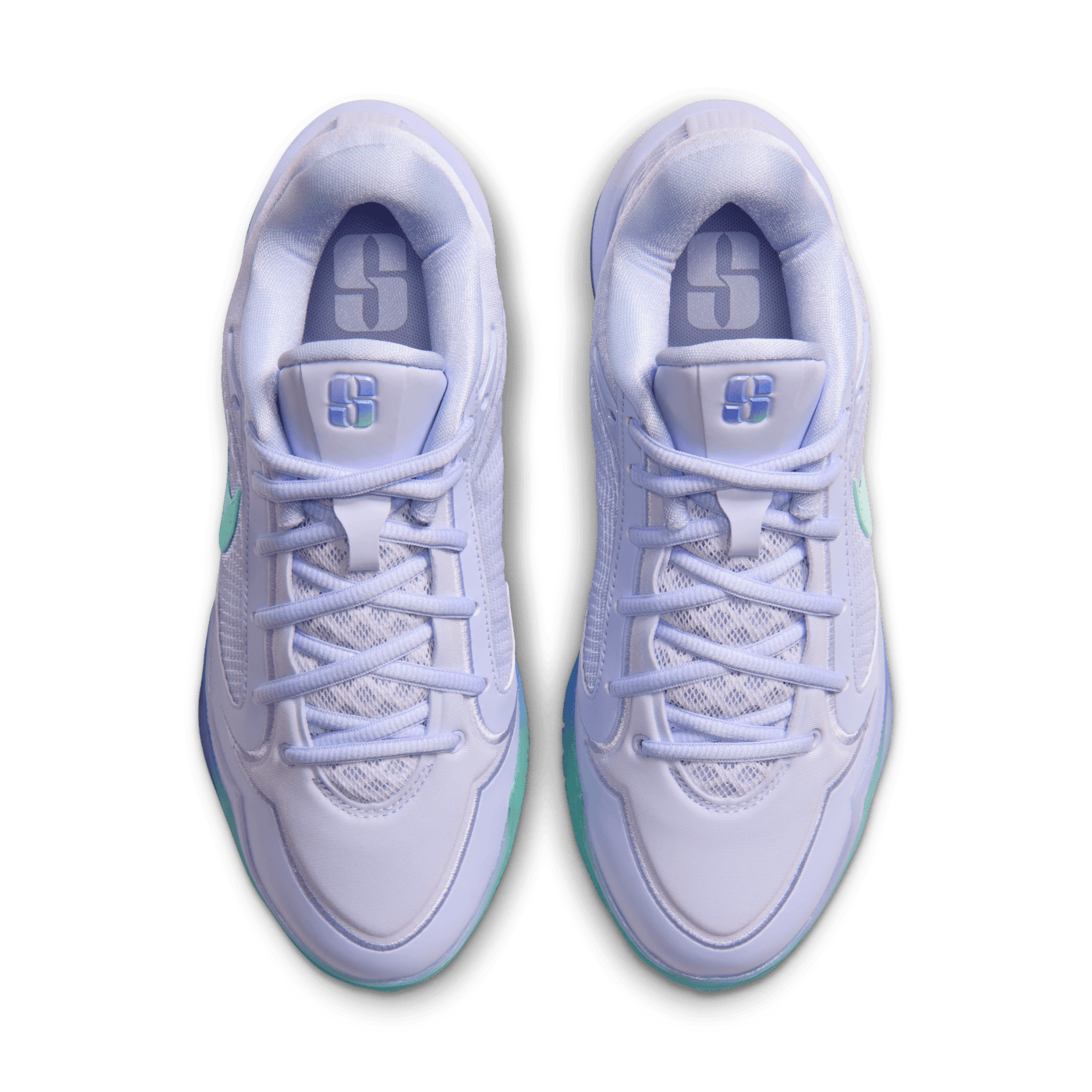 Outsole and midsole detail of the Nike Sabrina 4 Superstition in green, blue and purple gradient