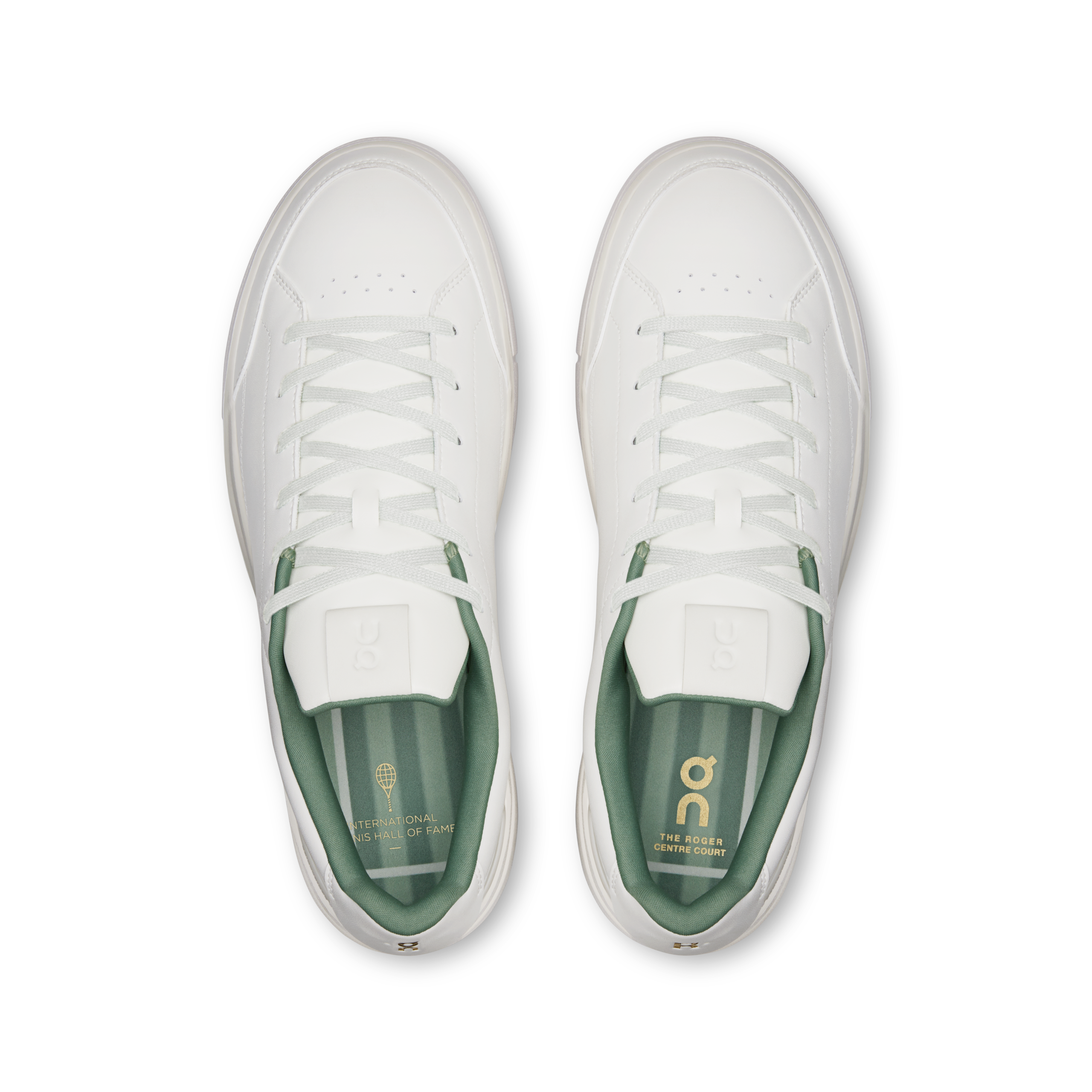 On THE ROGER Centre Court Hall of Fame edition in Ivory and Fern with gold trim and a grass colored sockliner