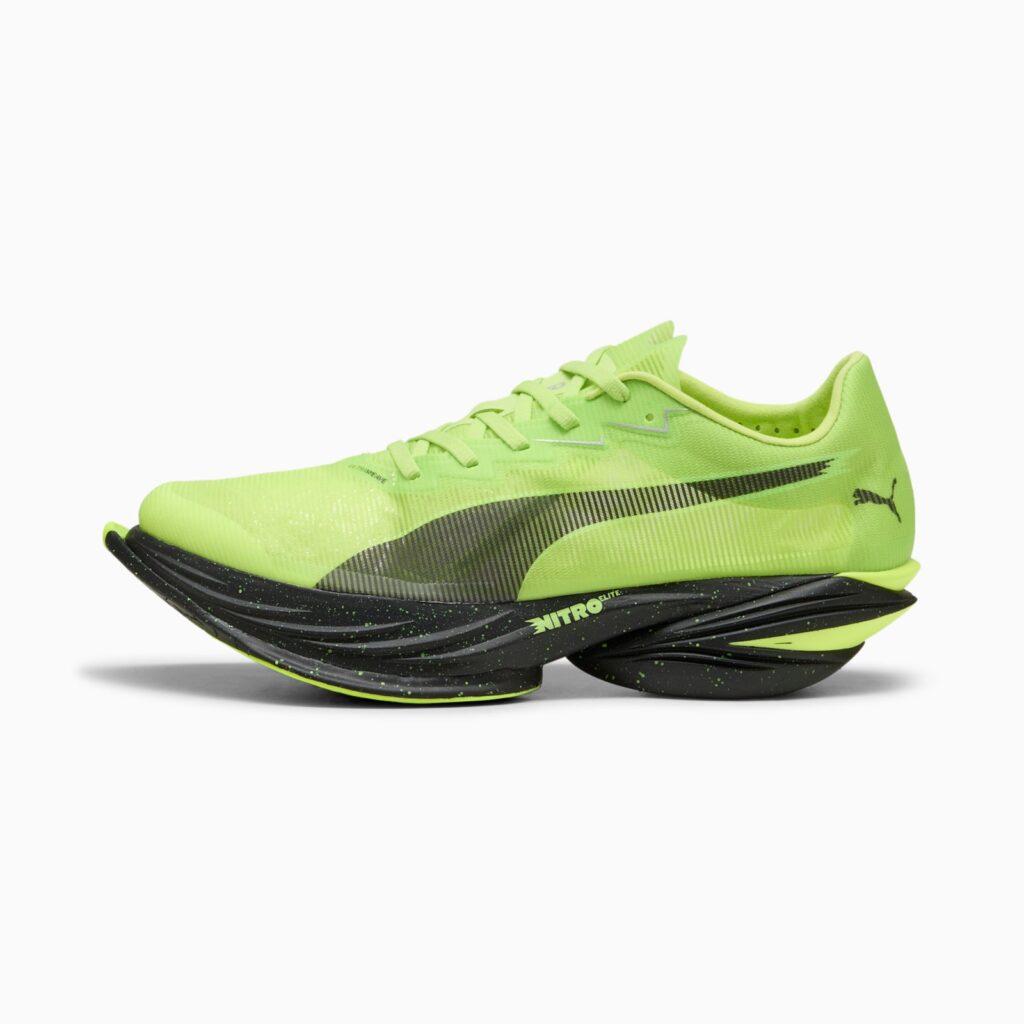 PUMA FAST-R NITRO Elite 3 in the Sunny Lime colorway with a neon green upper and dark speckled outsole