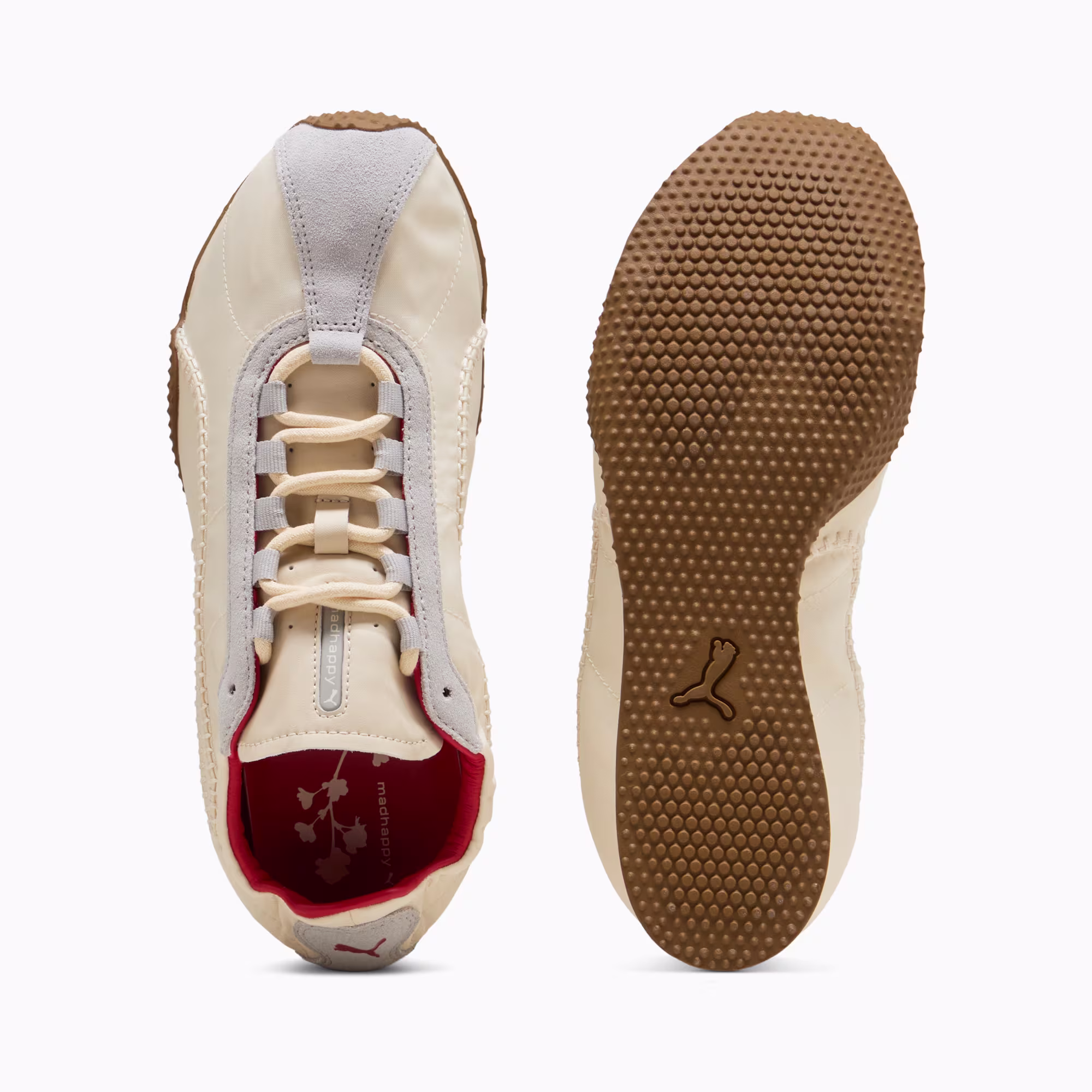 Top-down and outsole views of the PUMA x Madhappy H-Street in Alpine Snow and Cool Light Gray, showing the red printed sockliner and gum rubber tread