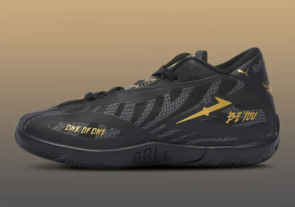 PUMA MB.06 Black and Gold, LaMelo Ball signature with metallic gold tattoo-style graphics