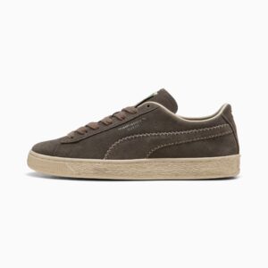 PUMA x Madhappy Suede in Matte Bronze and Alpine Snow shown from the lateral side, with a tonal whipstitched Formstrip and madhappy SUEDE lettering on the quarter panel