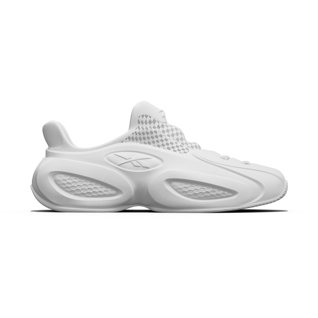 Reebok Question 96/26 by Zellerfeld in Stone, a 3D printed shoe with the honeycomb panel and oval midsole windows of the original Question
