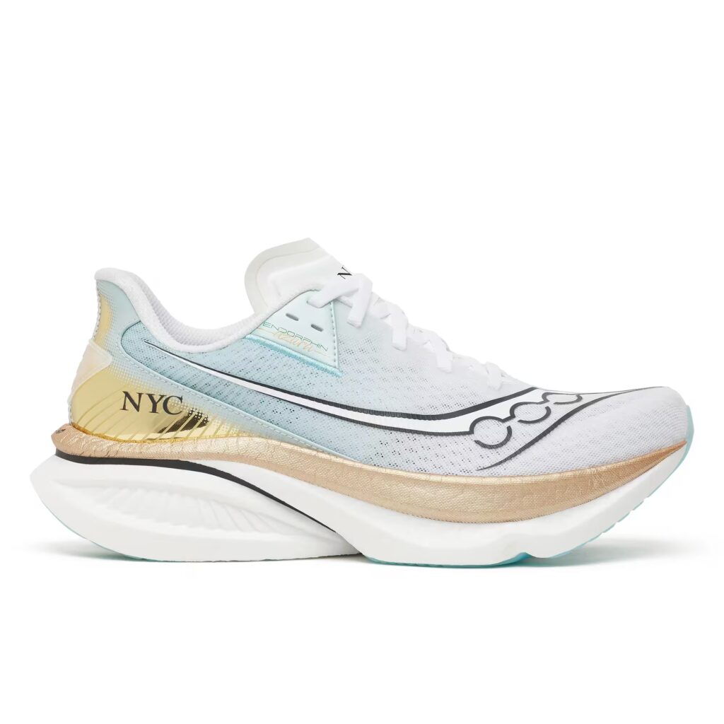 Saucony NYC Endorphin Azura in the White and Gold marathon colorway on the PWRRUN PB midsole