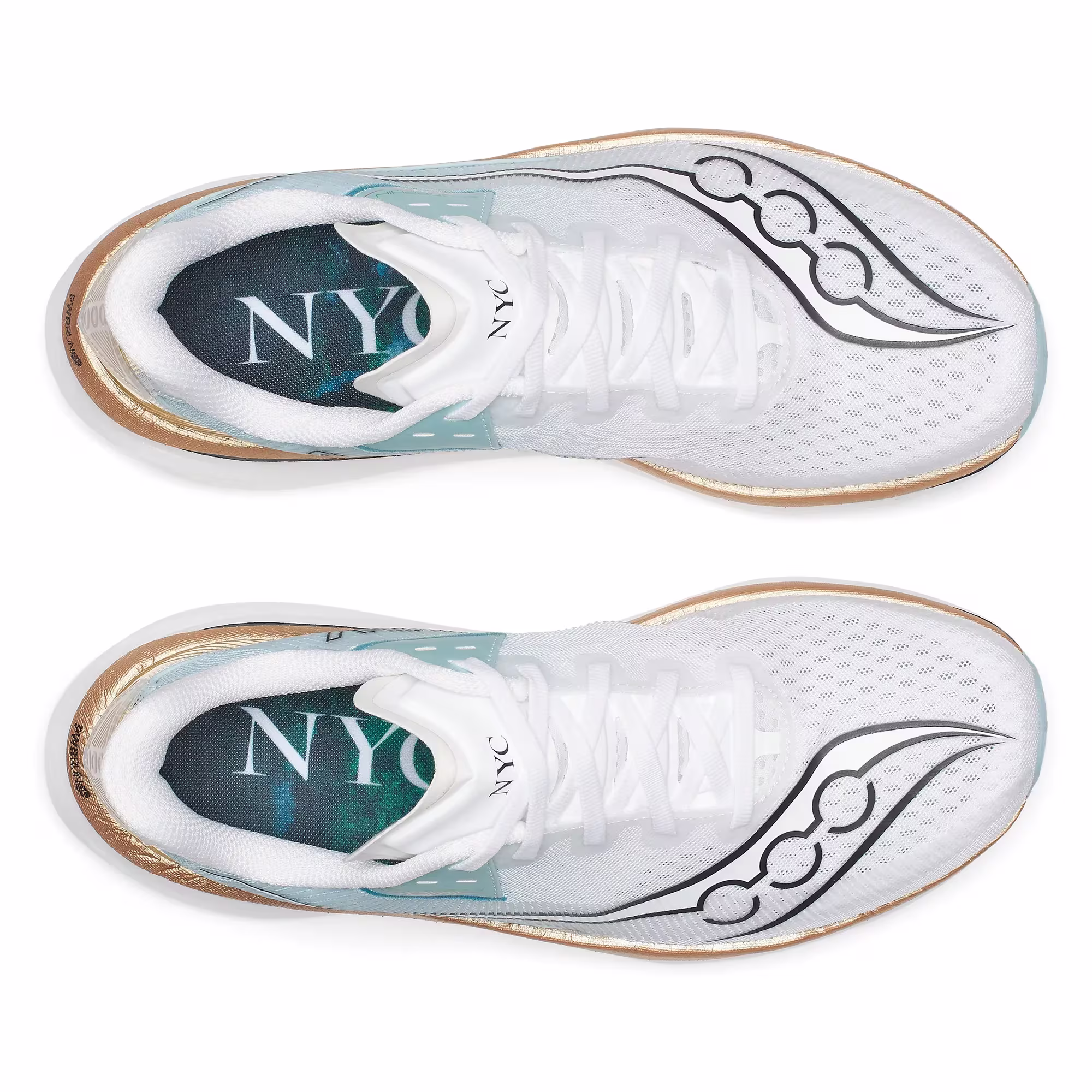 Saucony NYC Endorphin Azura in White and Gold, the New York edition of the fall marathon collection