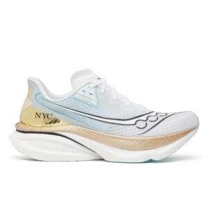 Saucony NYC Endorphin Azura in the White and Gold marathon colorway on the PWRRUN PB midsole