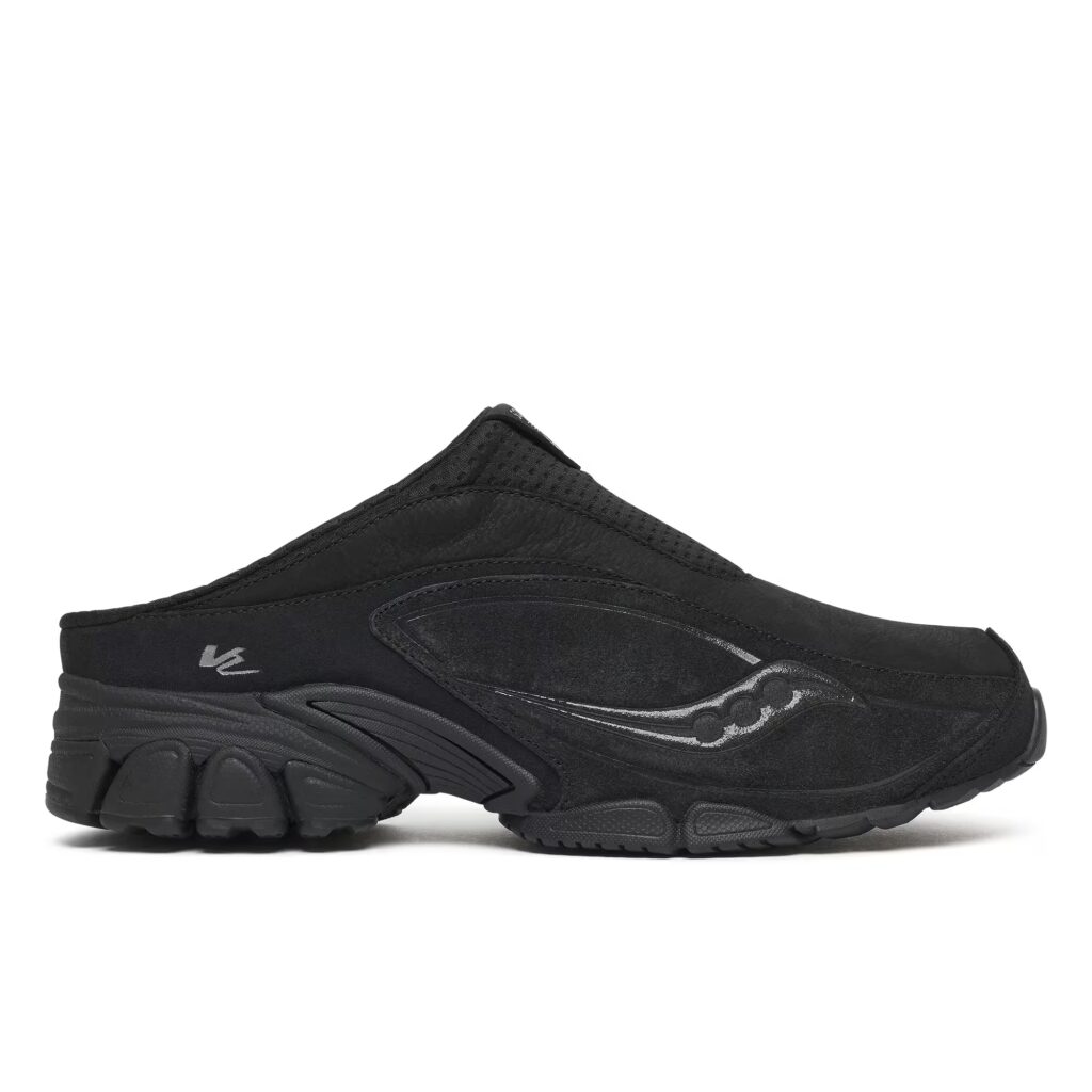 Saucony ProGrid V2 Mule in Black, the backless laceless version of the ProGrid V2 in neoprene and suede
