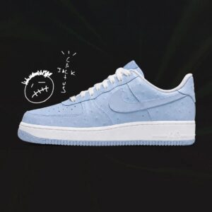 Travis Scott x Nike Air Force 1 Low in Ice Blue and Celestine Blue leather, style code JF7727-400