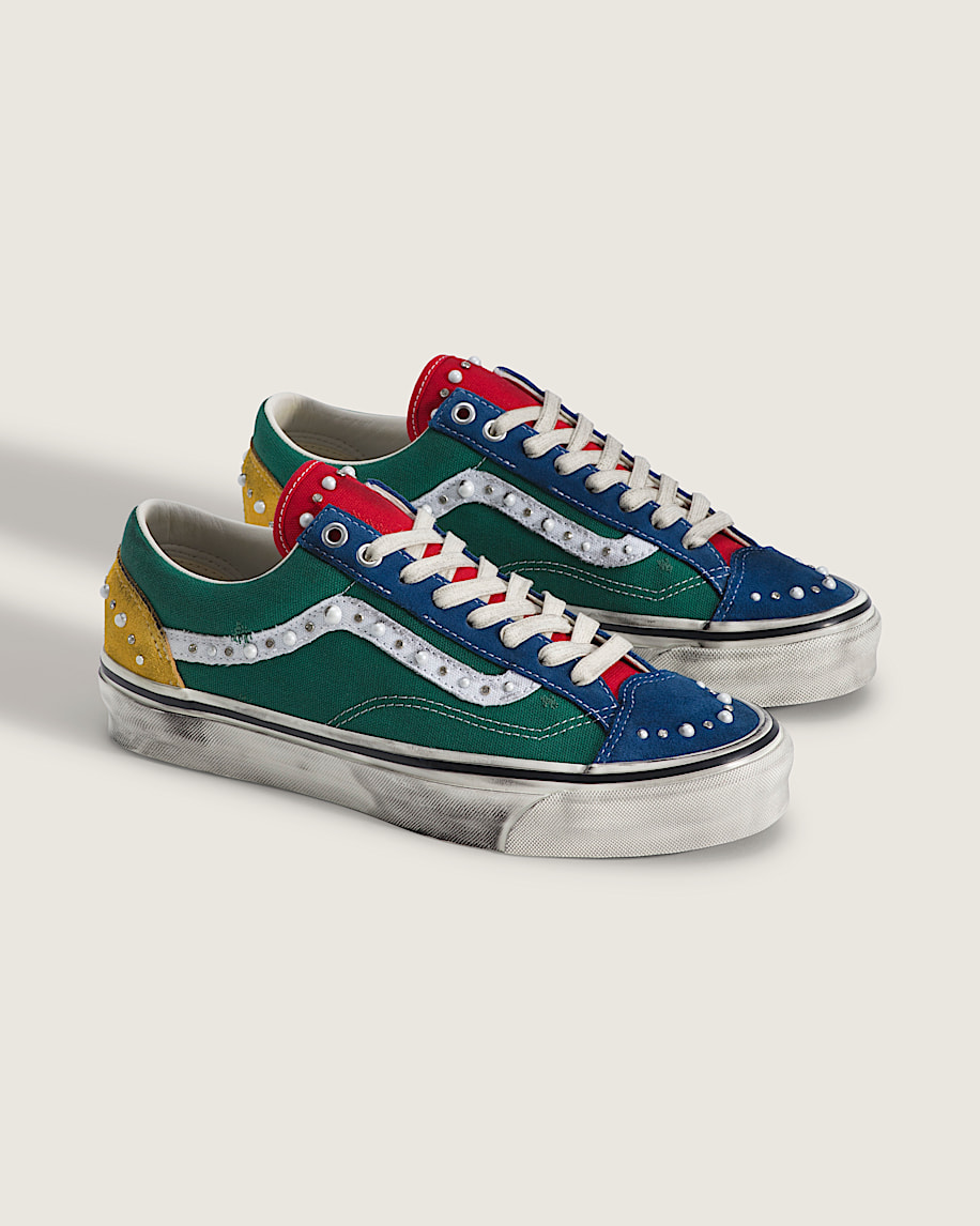 Vans Premium Old Skool 36 Yacht Club pair in green, blue, red and gold with distressed off-white foxing tape